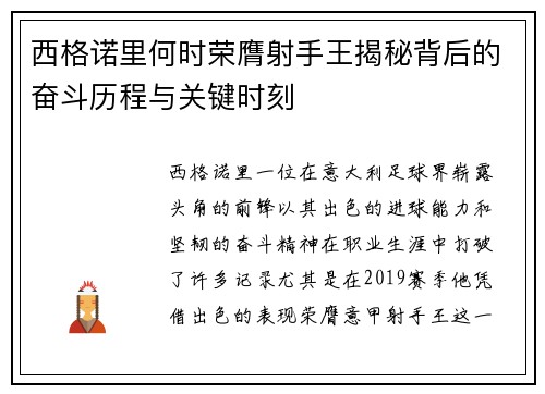 西格诺里何时荣膺射手王揭秘背后的奋斗历程与关键时刻