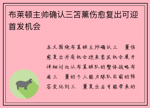 布莱顿主帅确认三笘薰伤愈复出可迎首发机会