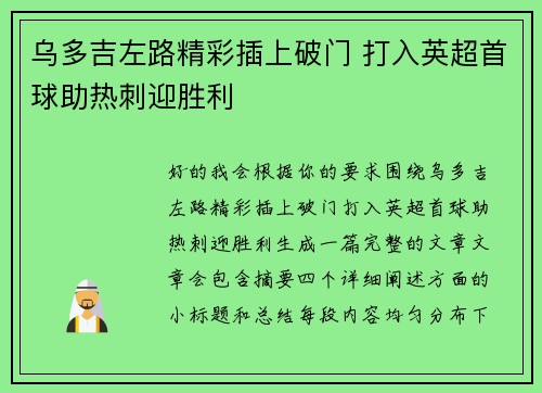 乌多吉左路精彩插上破门 打入英超首球助热刺迎胜利 乌多吉左路精彩插上破门 打入英超首球助热刺迎胜利